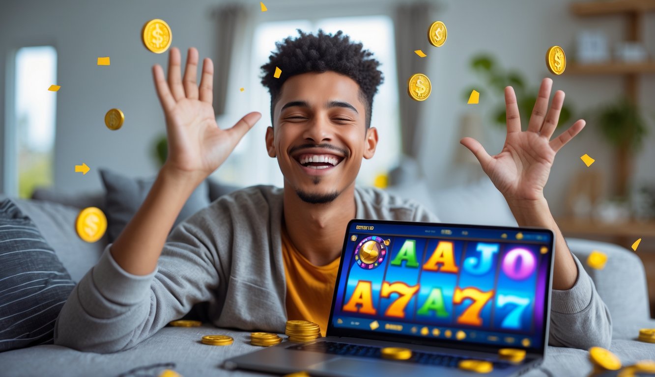 Seorang dewasa muda tersenyum gembira sambil bermain permainan slot online di laptop di dalam ruangan yang nyaman.