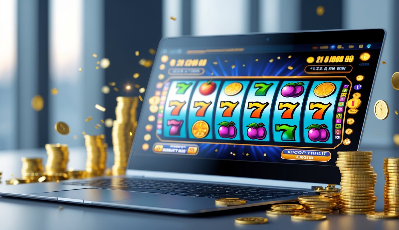 Layar komputer menampilkan mesin slot online dengan simbol warna-warni dan koin emas di sekitarnya, menciptakan suasana permainan yang menarik dan dapat dipercaya.