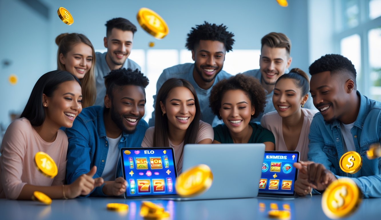 Sekelompok orang muda sedang bermain permainan slot online dengan perangkat digital di ruangan yang terang dan modern.