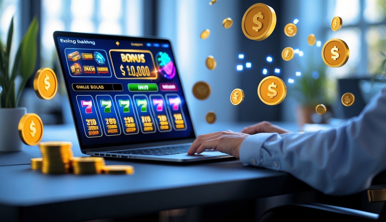 Seseorang menggunakan laptop dengan tampilan permainan slot online berwarna-warni di layar, di meja yang rapi dengan koin digital dan simbol jackpot di sekitarnya.