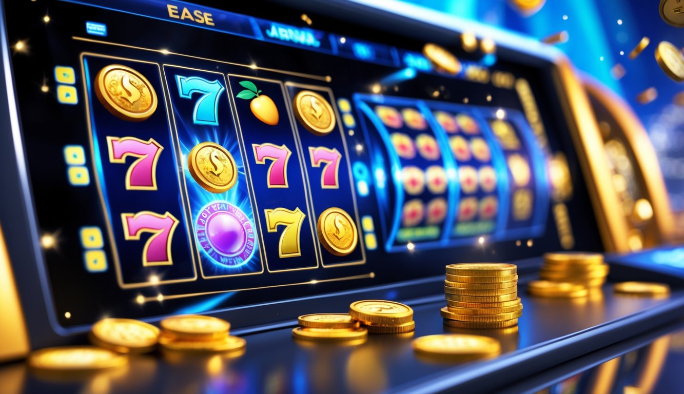 Antarmuka permainan slot online dengan gulungan berwarna-warni dan koin virtual yang berjatuhan, menunjukkan suasana kemenangan dan keseruan.