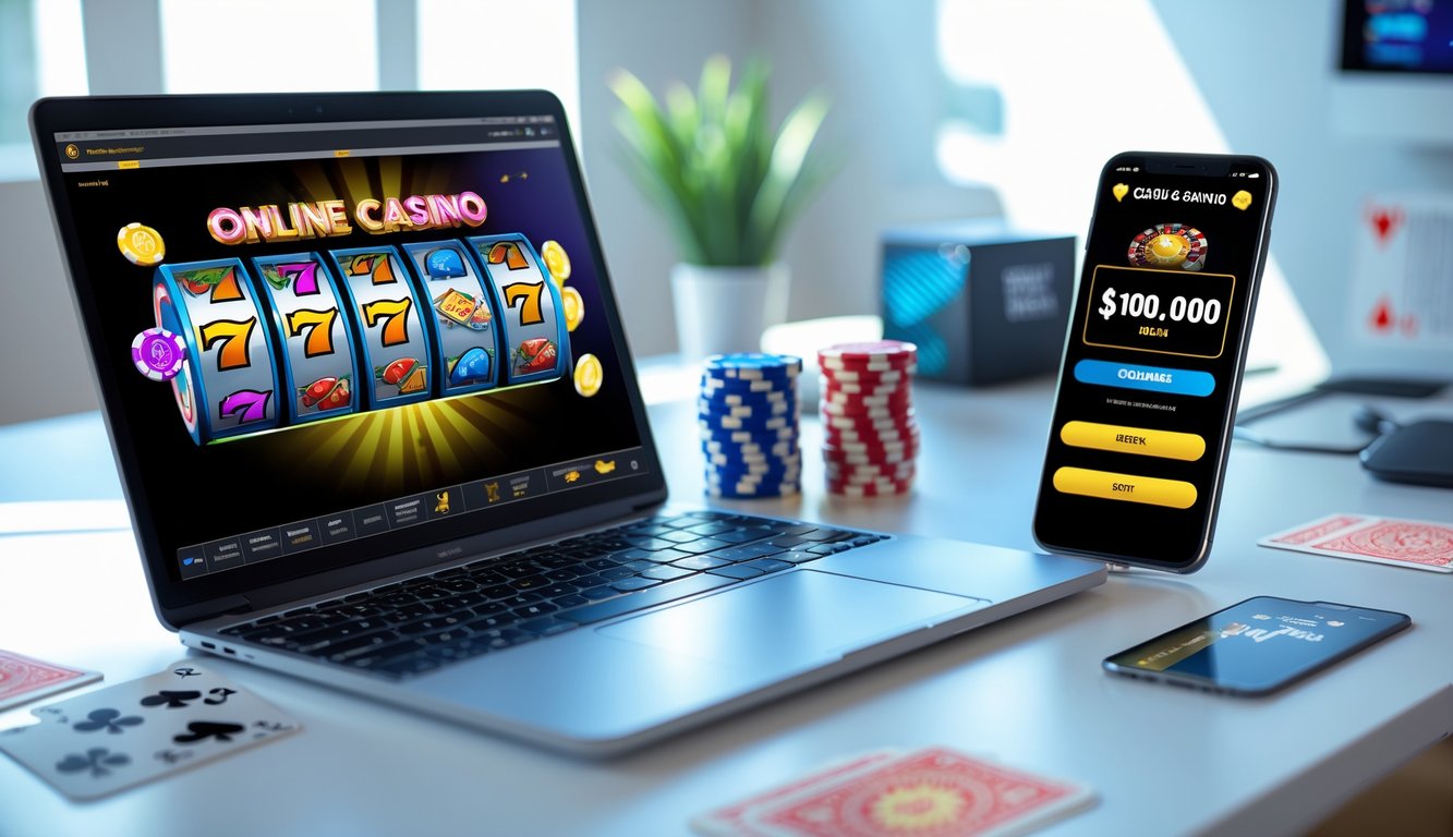 Seorang pengguna duduk di depan laptop dan smartphone yang menampilkan permainan slot online dengan latar meja kerja yang rapi dan beberapa chip poker di sekitar.
