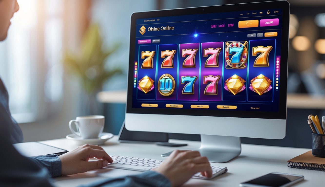 Seseorang menggunakan komputer dengan tampilan permainan slot online yang berwarna-warni di layar, di meja kerja yang rapi.