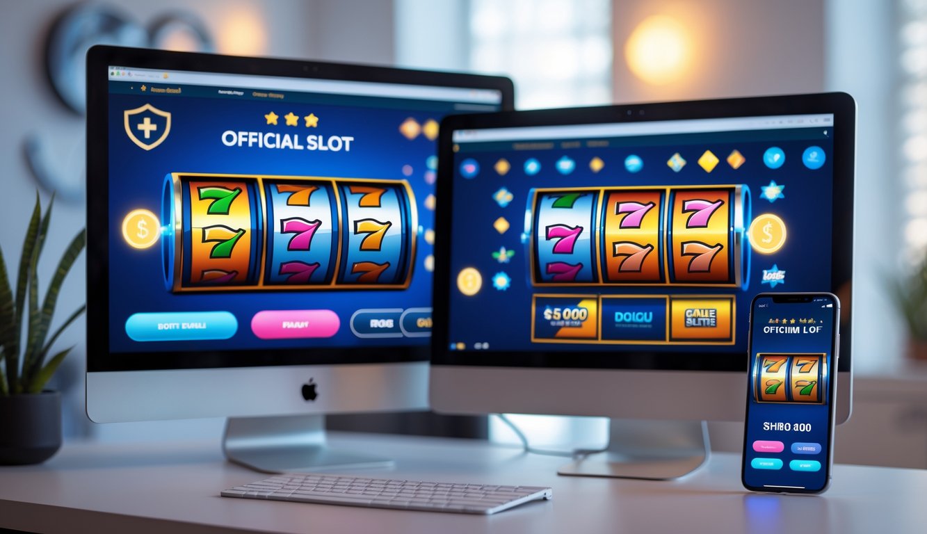 Sebuah ruang kerja modern dengan komputer dan ponsel yang menampilkan permainan slot online resmi dengan simbol warna-warni dan suasana yang nyaman.