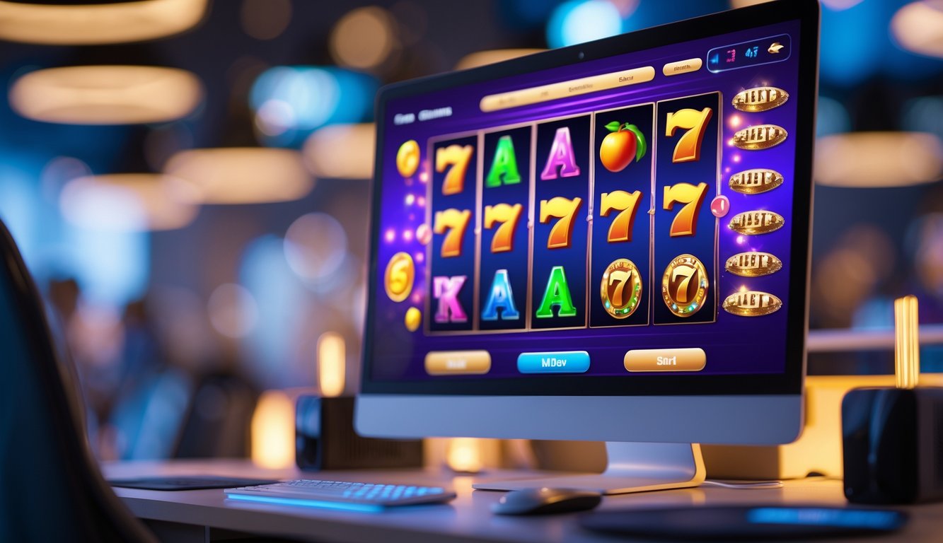 Tampilan komputer dengan permainan slot online yang berwarna-warni dan suasana ruang kerja yang modern.