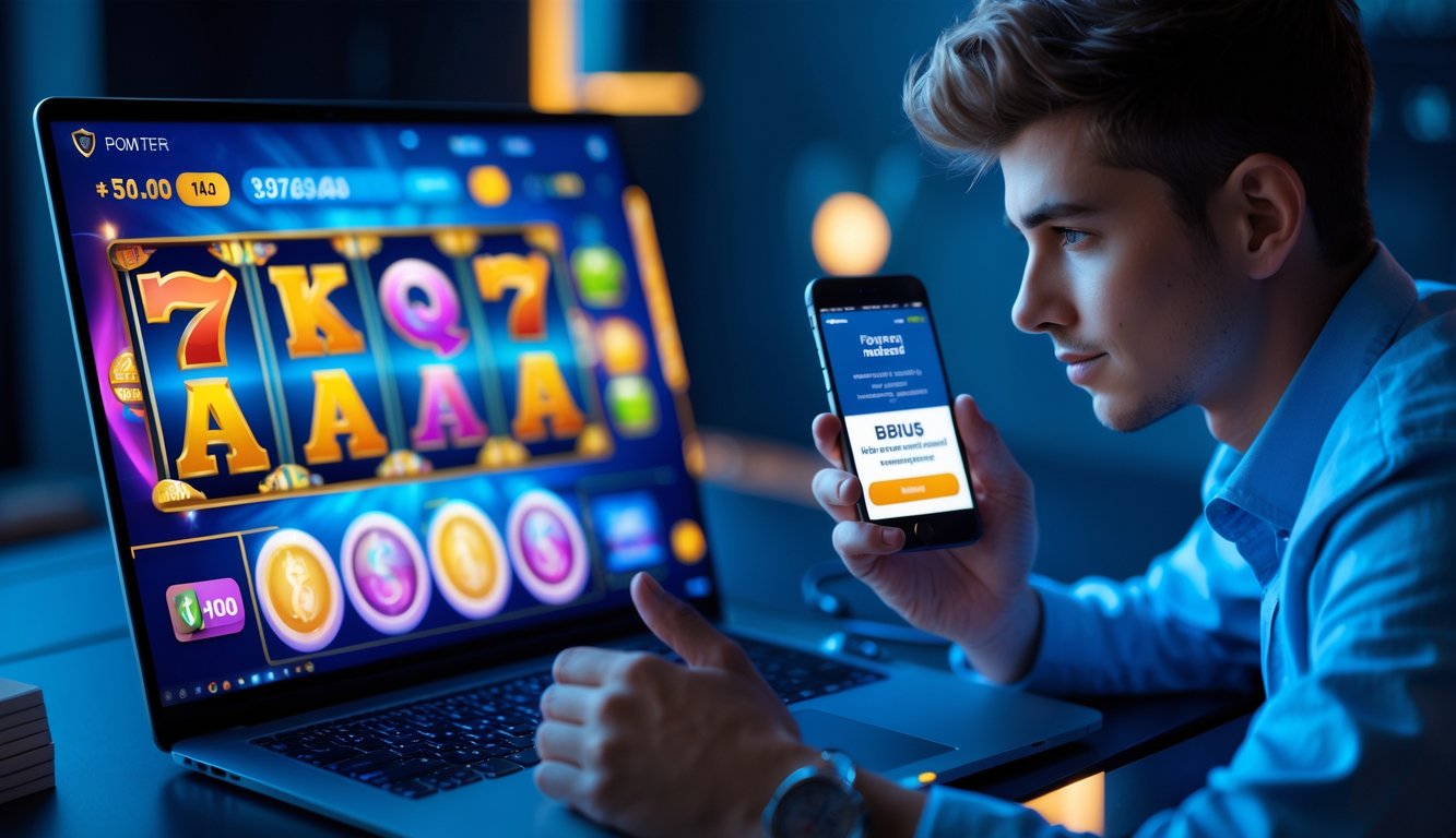 Seseorang sedang melihat layar laptop dengan permainan slot online dan memegang ponsel di ruang kerja modern.