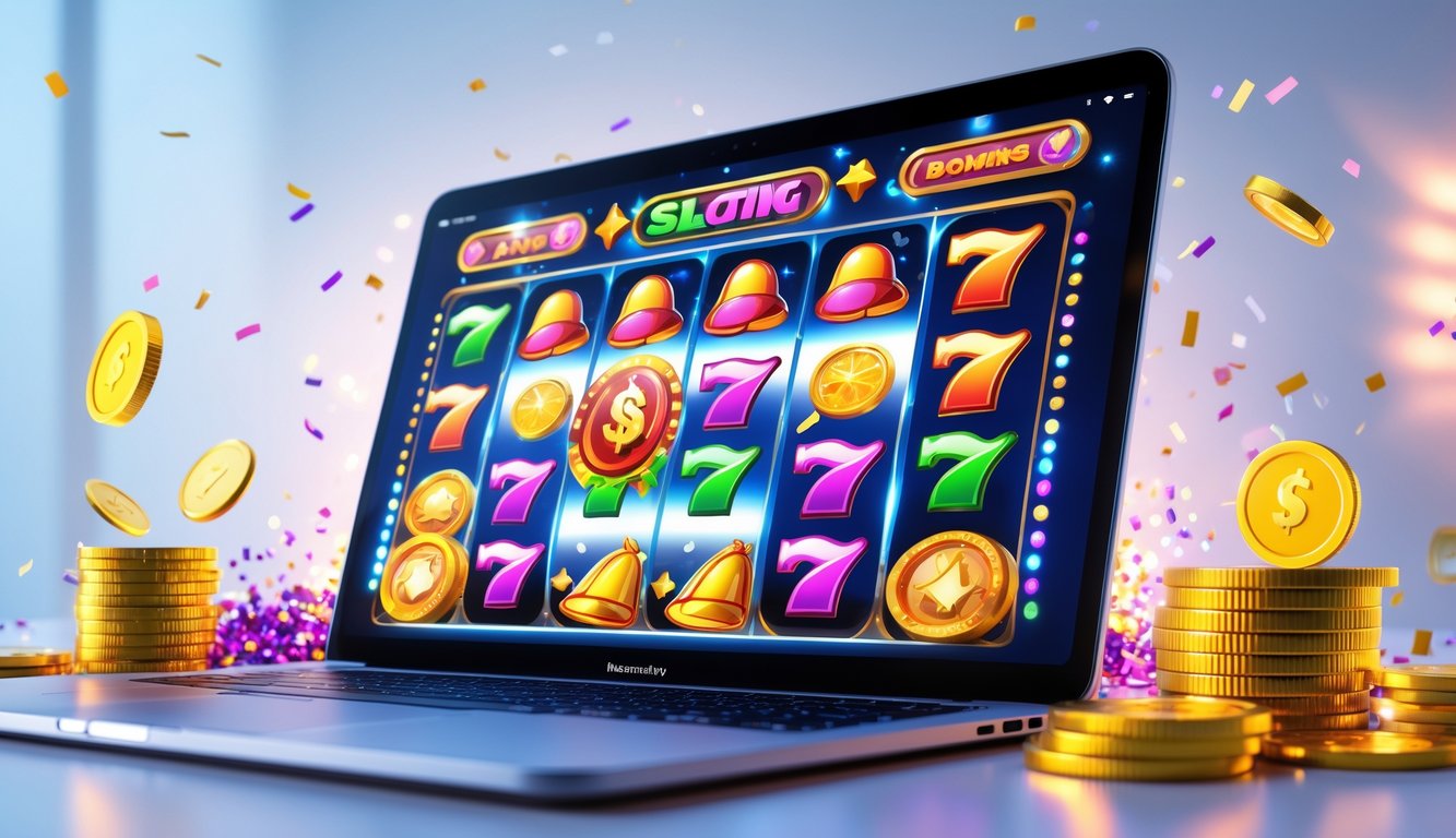 Layar perangkat menampilkan permainan slot online dengan simbol berwarna cerah dan koin emas di sekitarnya.