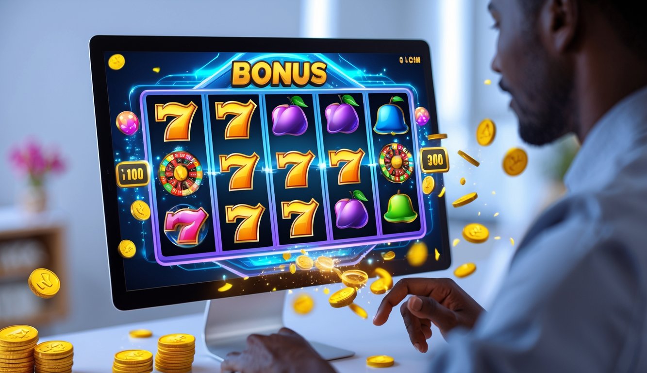 Seseorang menggunakan perangkat digital dengan layar menampilkan mesin slot online yang berputar dengan simbol warna-warni di lingkungan rumah atau kantor yang terang.