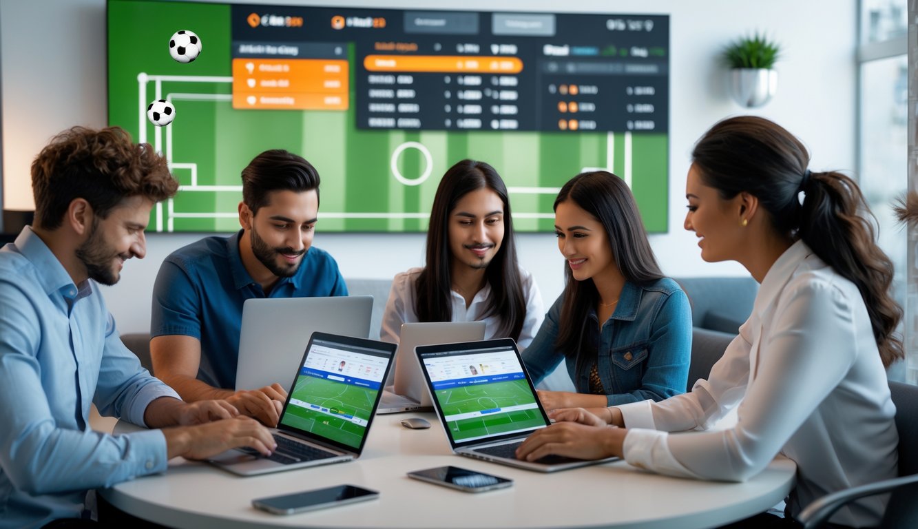 Orang-orang menggunakan perangkat digital untuk melihat pertandingan sepak bola dan memasang taruhan di lingkungan yang modern dan profesional.