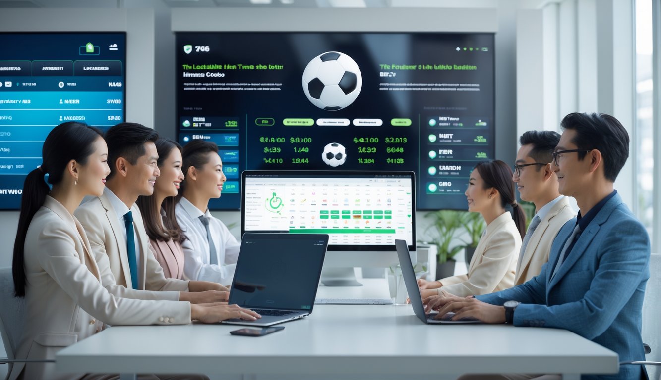 Sekelompok orang Asia sedang melihat layar digital dengan statistik dan skor pertandingan sepak bola di ruang kantor modern yang terang dan profesional.