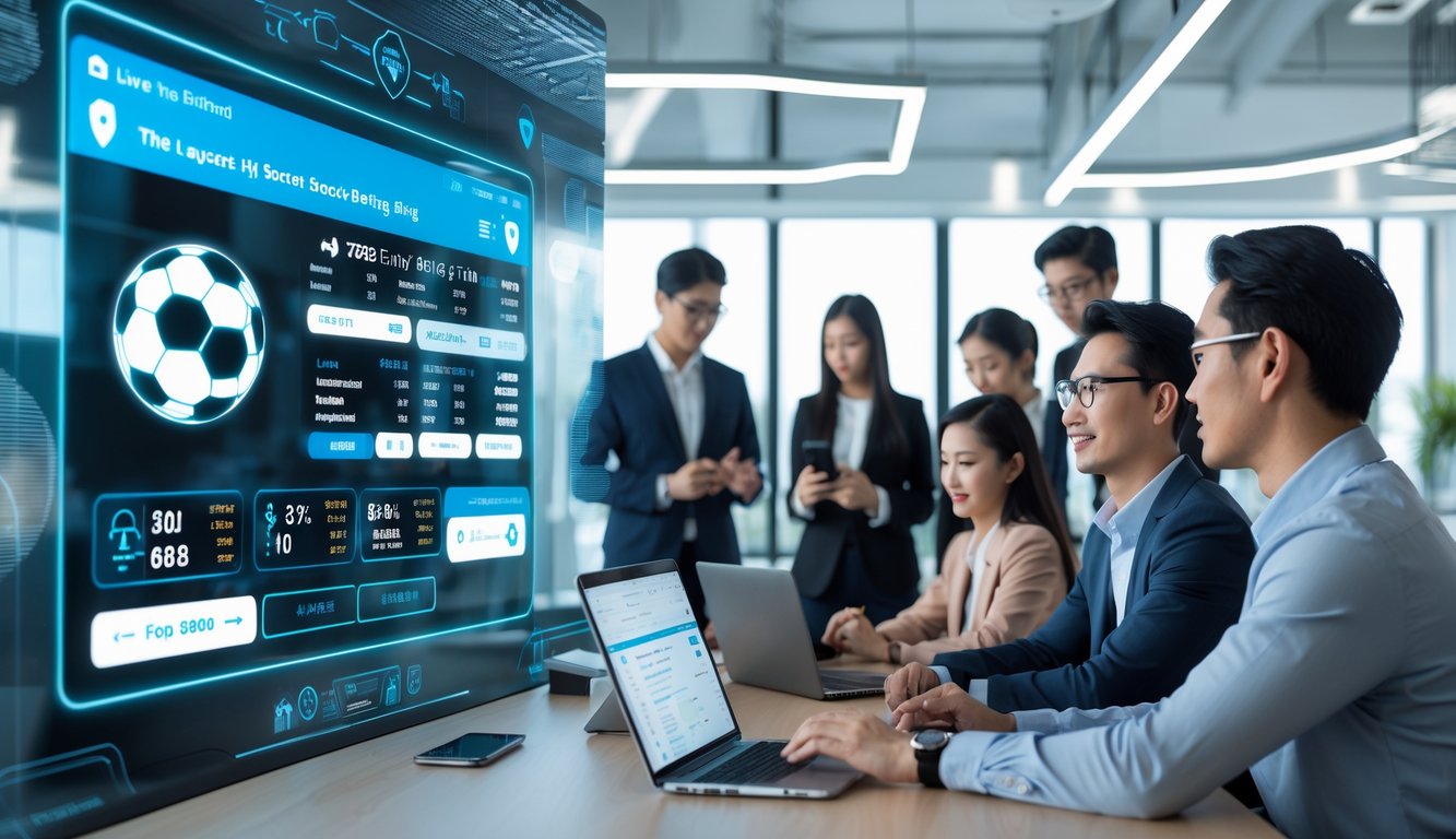 Sekelompok orang muda menggunakan perangkat digital di kantor modern dengan layar sentuh besar menampilkan statistik sepak bola dan pembaruan pertandingan.