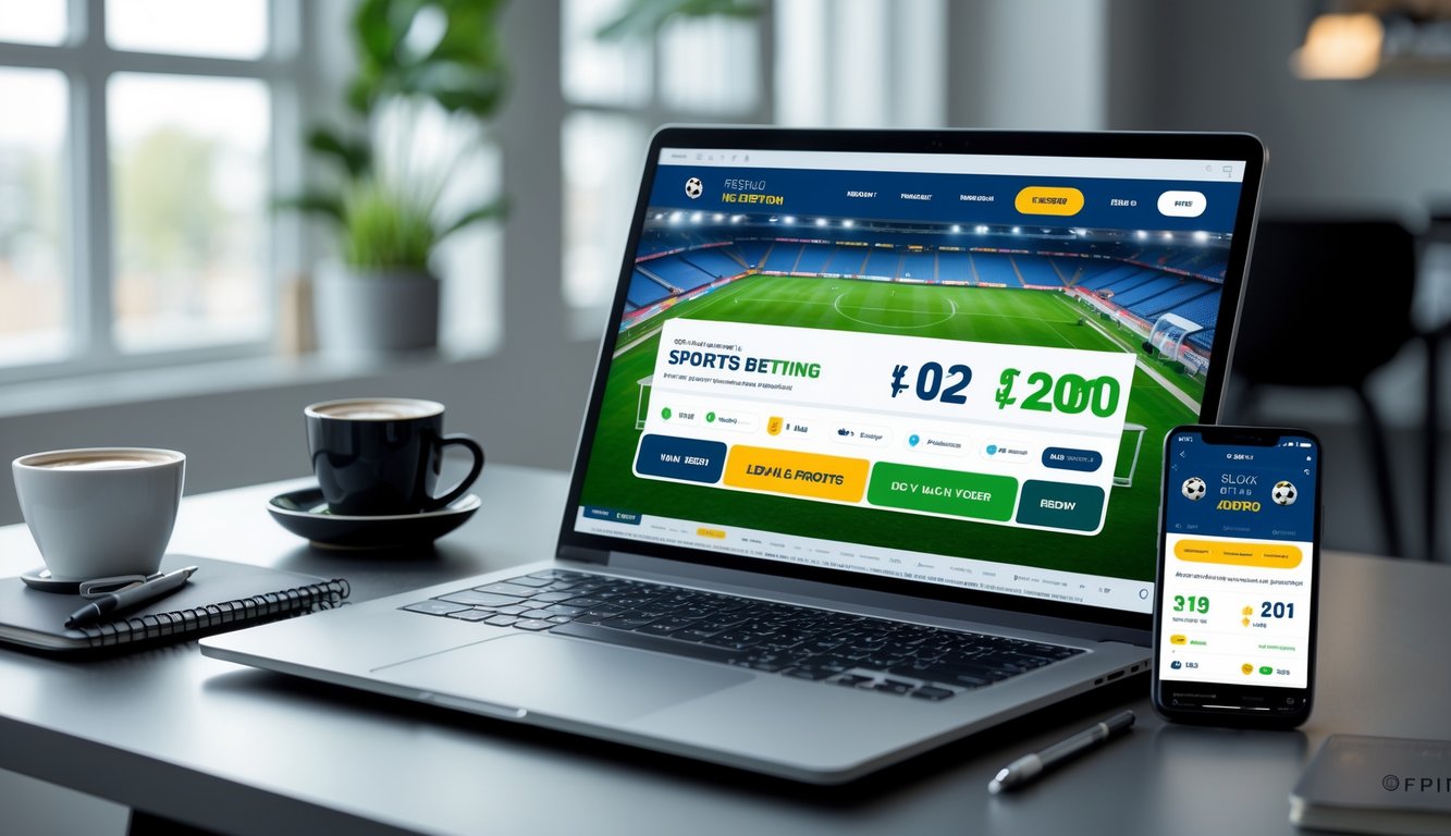 Sebuah meja kerja modern dengan laptop dan ponsel yang menampilkan antarmuka situs taruhan bola online, dikelilingi oleh cangkir kopi dan alat tulis.