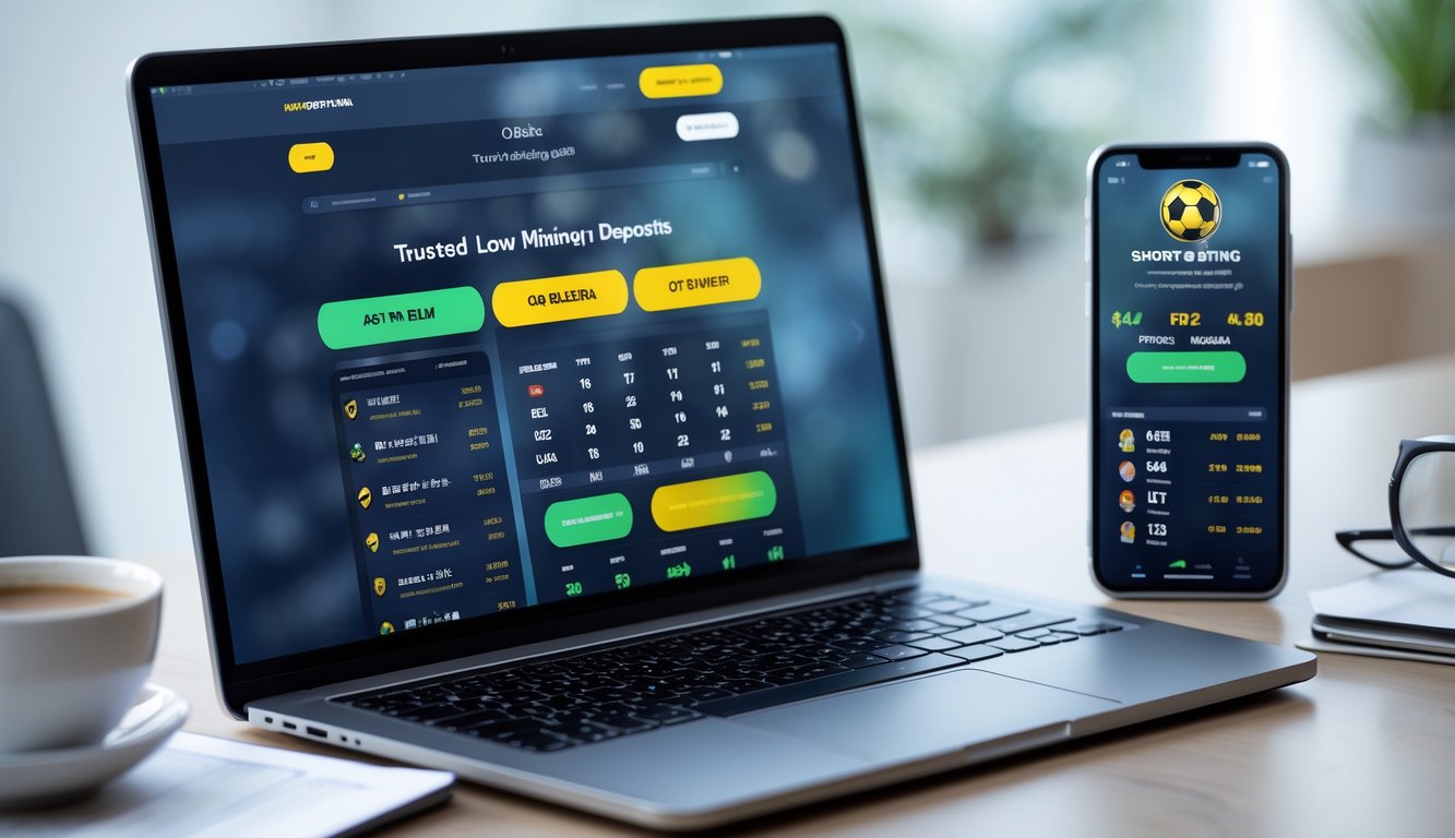 Seorang pengguna sedang menggunakan laptop dan ponsel untuk memasang taruhan bola online di meja kerja yang rapi.