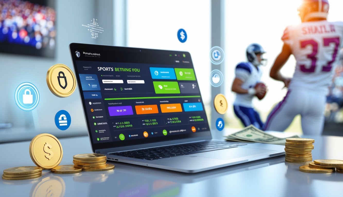 Sebuah laptop menampilkan antarmuka taruhan olahraga online dengan ikon pembayaran cepat dan simbol keamanan di sekitar perangkat.