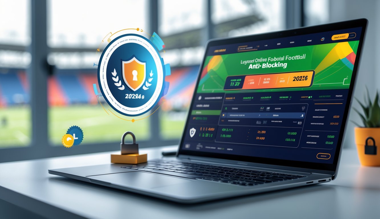 Seorang profesional menggunakan laptop di meja kerja dengan tampilan antarmuka taruhan sepak bola online dan latar belakang lapangan sepak bola.