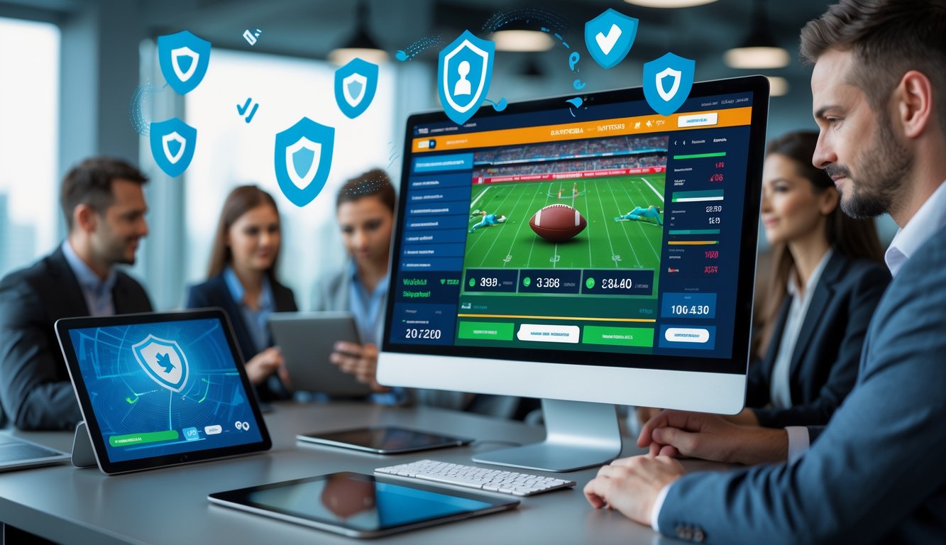 Orang-orang bekerja di ruang kantor modern dengan komputer yang menampilkan antarmuka taruhan bola online dan simbol keamanan di layar.
