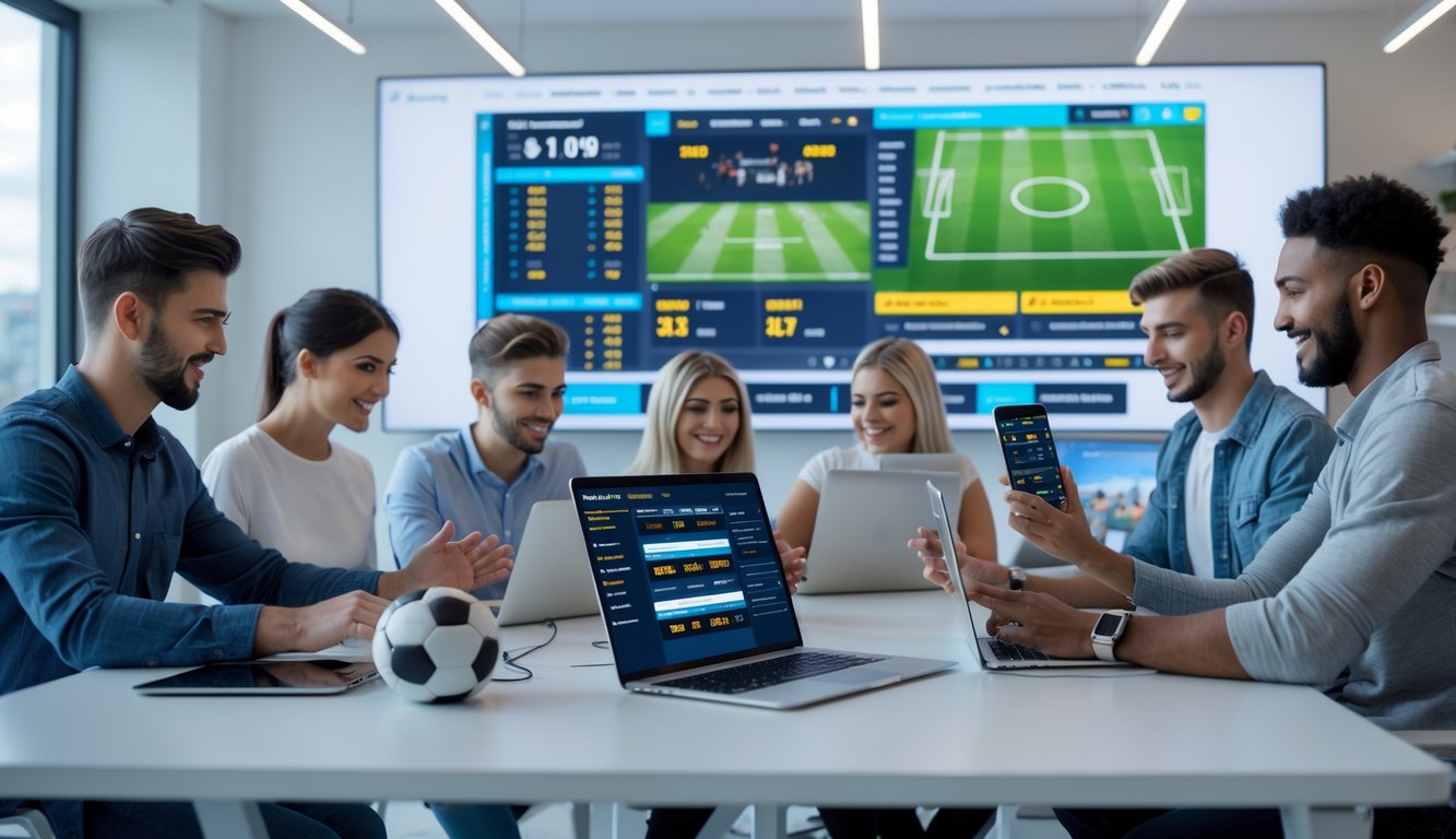 Sekelompok orang muda menggunakan perangkat digital untuk taruhan olahraga online di ruang kerja modern dengan suasana profesional dan fokus pada pertandingan sepak bola.