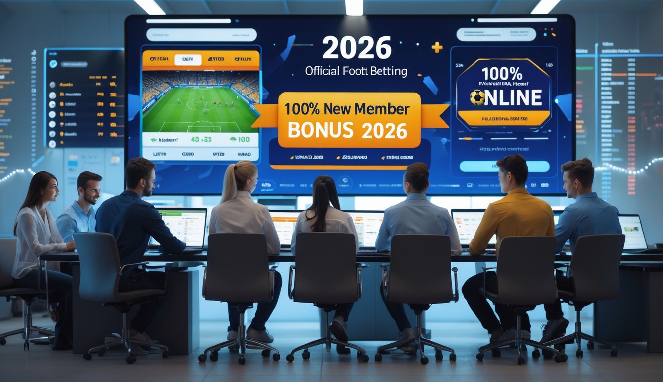 Sekelompok orang muda sedang menggunakan laptop dan ponsel di kantor modern dengan layar besar yang menampilkan pertandingan sepak bola dan informasi taruhan online.