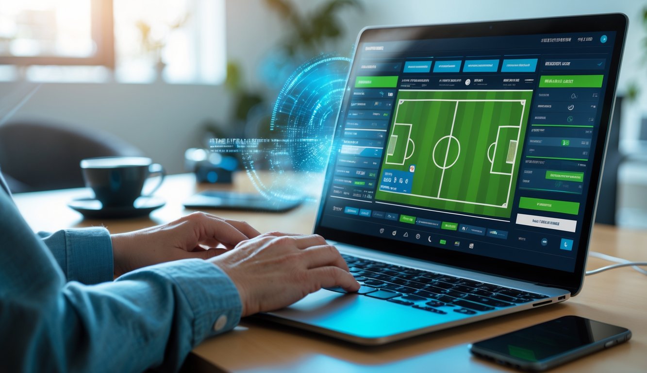 Seorang pengguna sedang menggunakan laptop dengan tampilan taruhan langsung sepak bola di meja kerja modern.