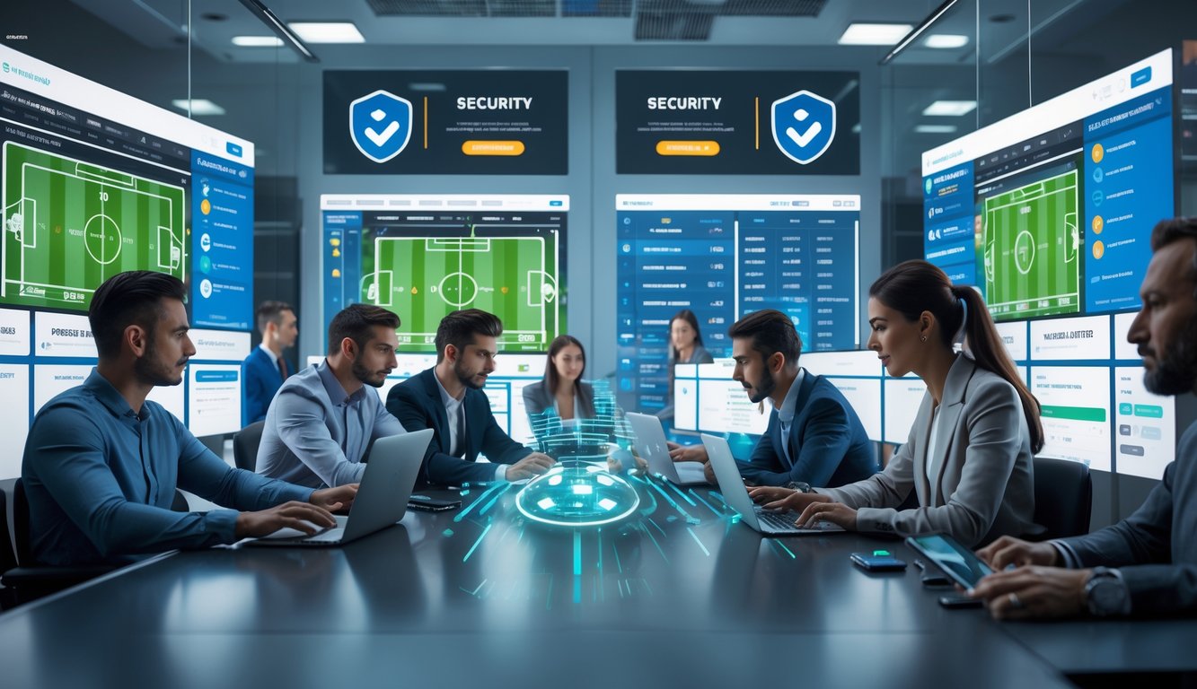 Orang-orang menggunakan perangkat digital di ruangan modern dengan layar besar yang menampilkan pertandingan sepak bola dan sistem keamanan.