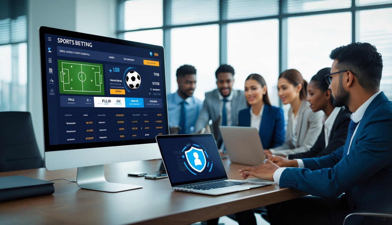 Layar komputer menampilkan platform taruhan bola online dengan grafik dan ikon keamanan, dikelilingi oleh profesional yang bekerja sama di ruang kantor.