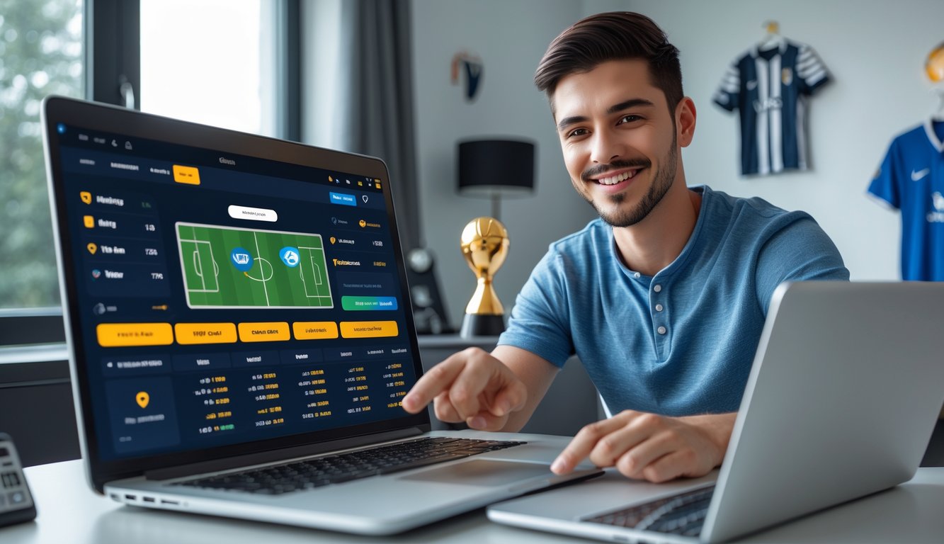 Seseorang menggunakan laptop dan ponsel untuk bertaruh bola secara online di ruang kerja modern dengan dekorasi bertema sepak bola.