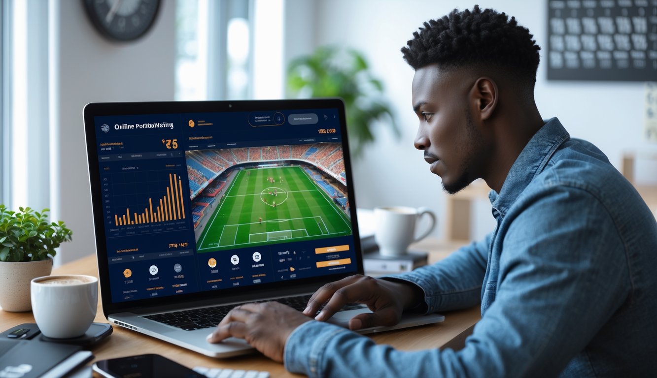 Seseorang menggunakan laptop di ruang kerja modern dengan layar menampilkan pertandingan sepak bola dan ikon transaksi aman.