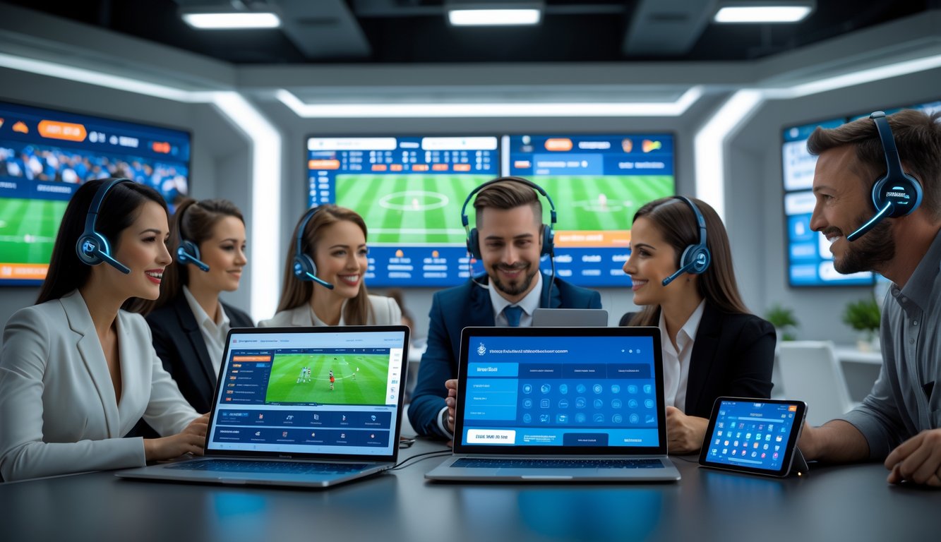 Orang-orang menggunakan perangkat digital di ruang kantor modern dengan layar besar menampilkan acara olahraga langsung dan agen dukungan pelanggan yang ramah sedang membantu melalui panggilan video.