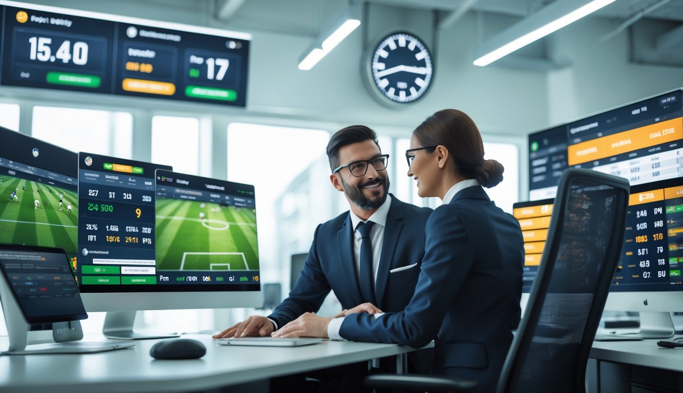 Seorang pria dan wanita bekerja bersama di kantor modern dengan beberapa monitor menampilkan data pertandingan sepak bola dan statistik taruhan.