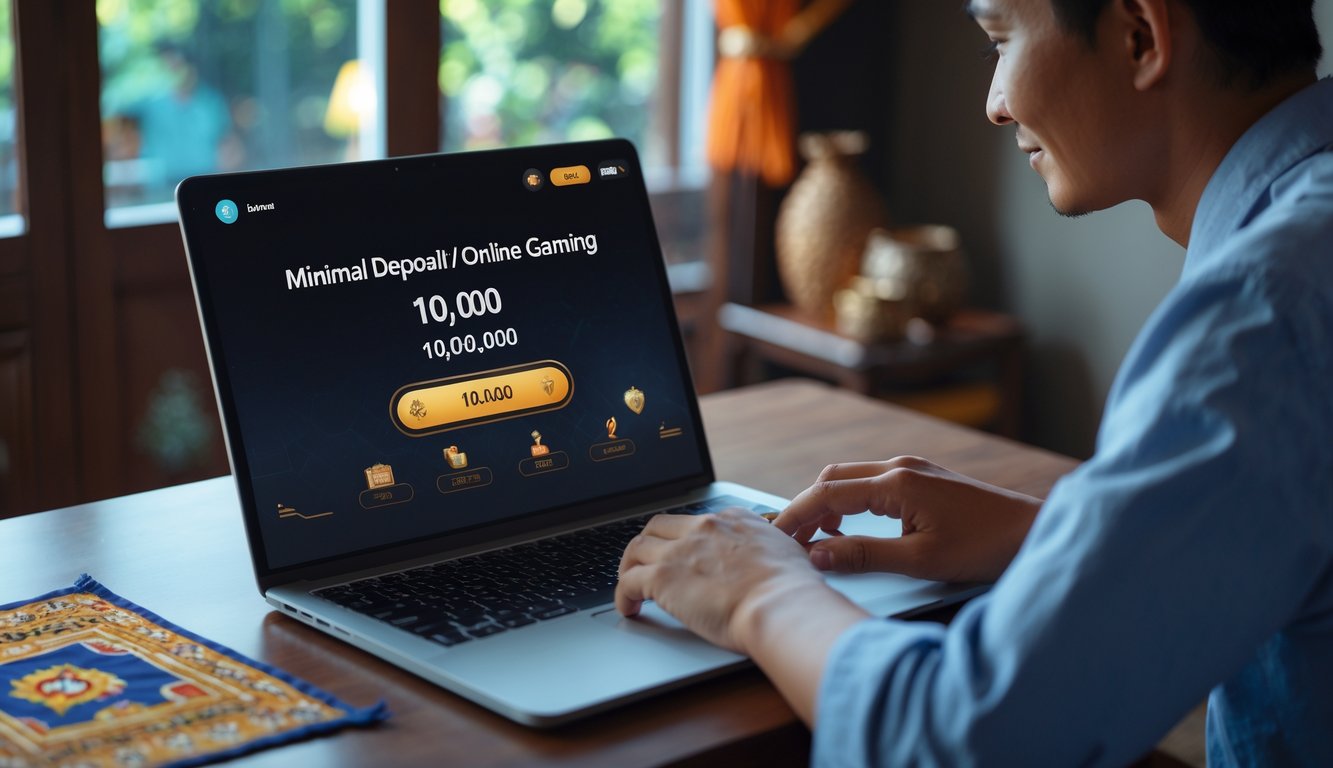 Seorang pemain muda Indonesia menggunakan laptop atau ponsel untuk bermain game online dengan latar ruangan yang nyaman dan dekorasi tradisional Indonesia.