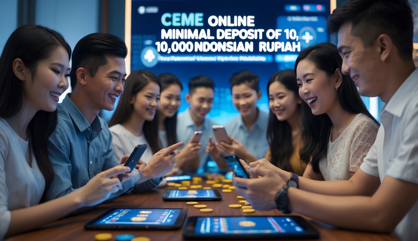 Sekelompok orang muda Indonesia sedang bermain permainan kartu online menggunakan ponsel dan tablet di ruangan yang nyaman.
