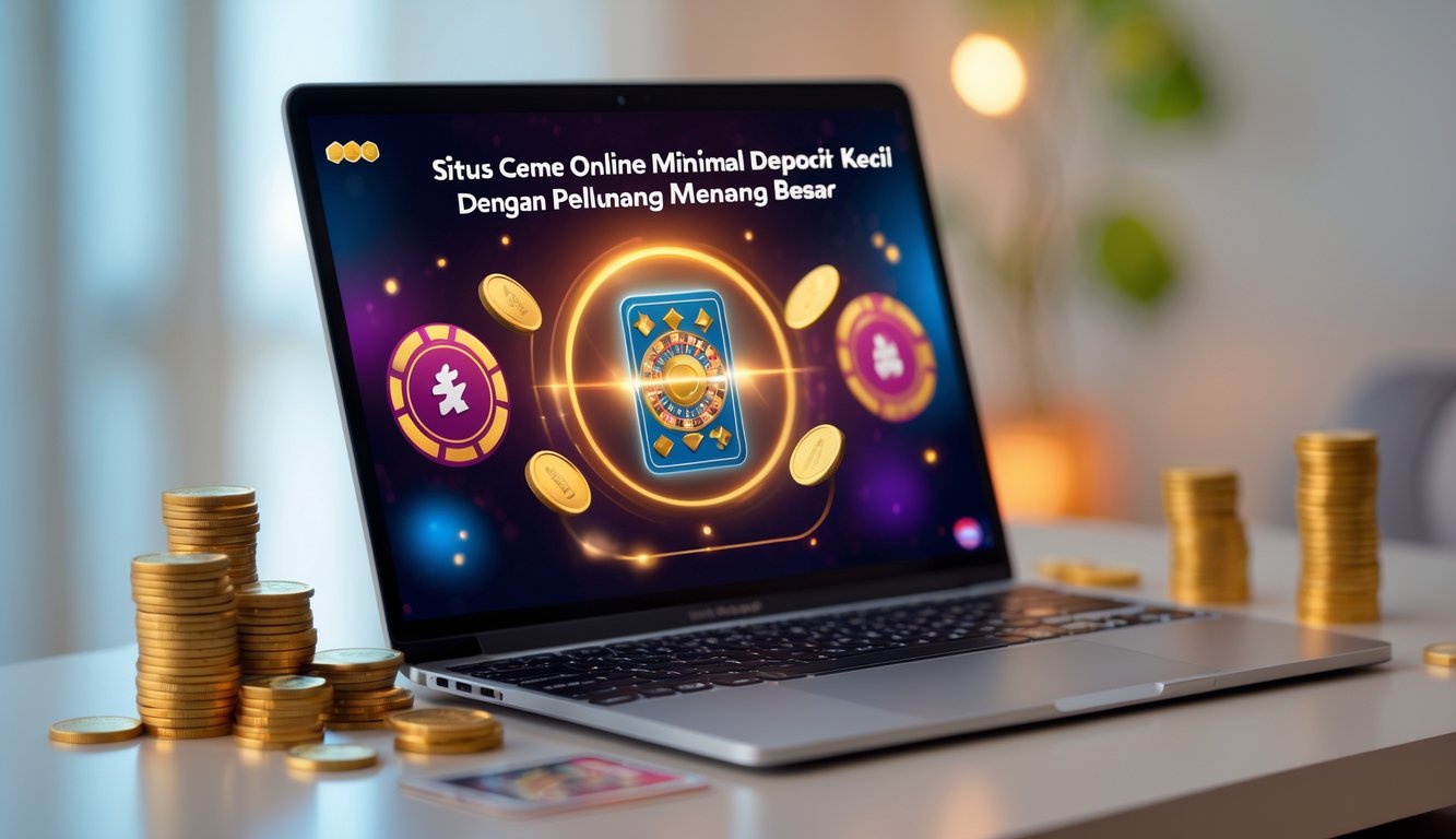 Seorang pengguna sedang bermain permainan kartu online di laptop dengan tumpukan koin kecil dan chip poker di meja, menunjukkan konsep taruhan dengan deposit kecil dan peluang menang besar.