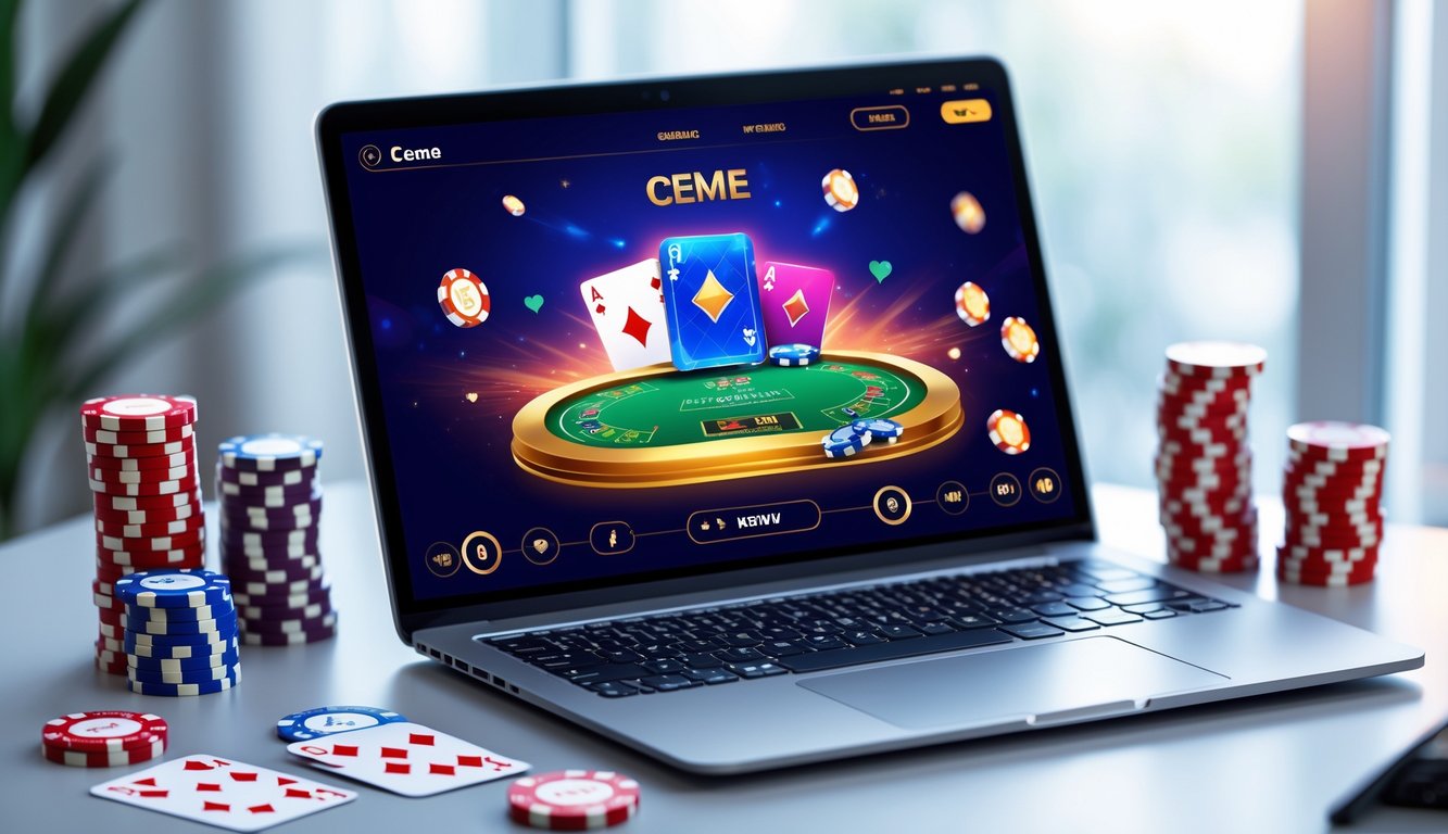 Seorang pemain menggunakan laptop dengan tampilan permainan Ceme online, di meja terdapat tumpukan chip dan kartu remi.