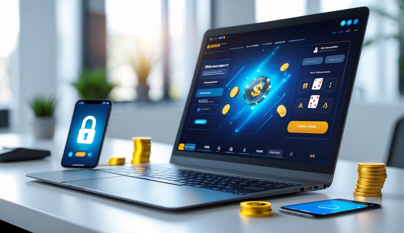 Seseorang menggunakan komputer dengan tampilan permainan kartu online yang aman dan terpercaya di meja kerja yang rapi.