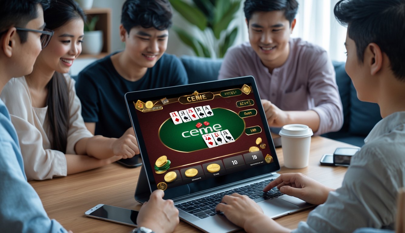 Beberapa orang muda sedang bermain permainan kartu Ceme online menggunakan laptop di ruang tamu yang nyaman.