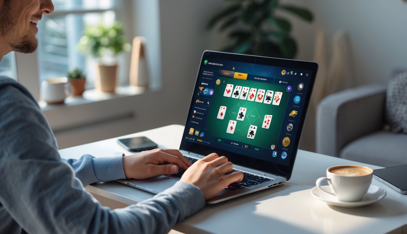 Seorang pemula sedang bermain permainan kartu online di laptop di ruang tamu yang nyaman.