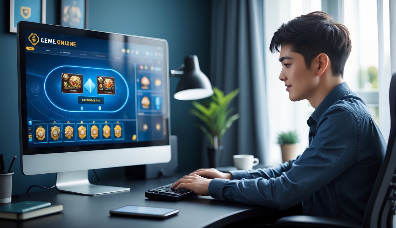 Seorang dewasa muda duduk di meja kerja dengan komputer yang menampilkan permainan kartu online, terlihat fokus dan percaya diri dalam suasana ruang kerja yang terang dan nyaman.