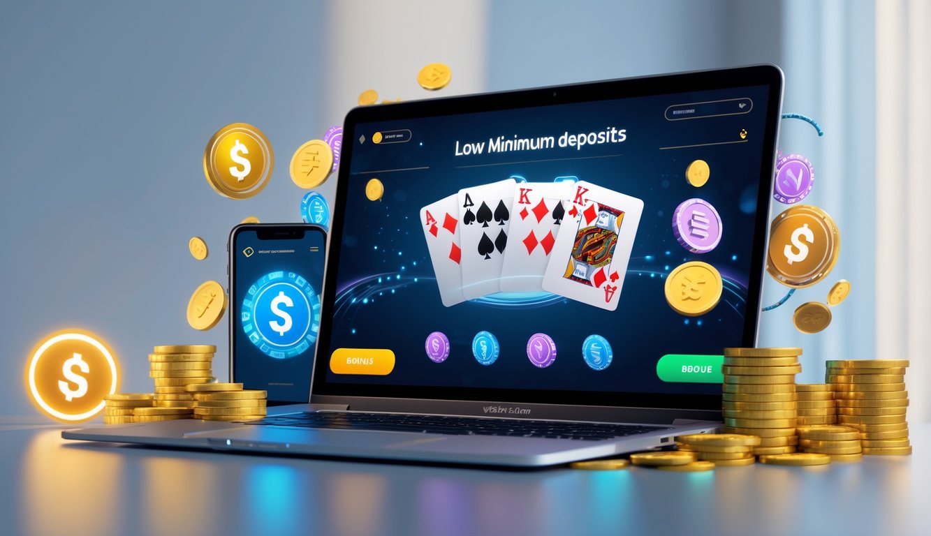 Seorang pengguna menggunakan laptop dengan tampilan permainan kartu online dan simbol bonus di sekitarnya.
