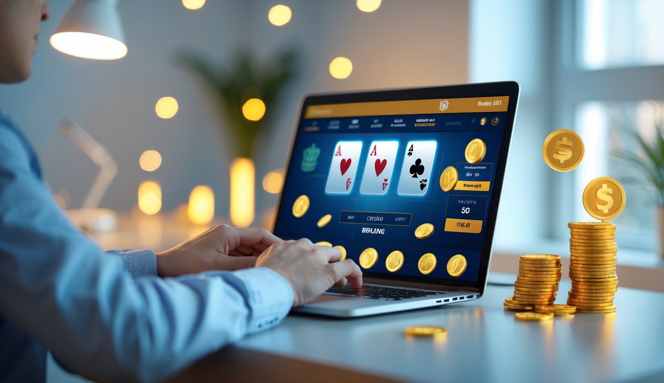 Seseorang menggunakan laptop di meja kerja yang rapi dengan tampilan permainan kartu online di layar.