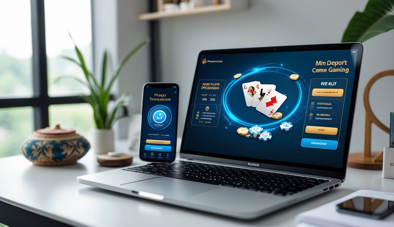 Seorang pria menggunakan laptop dan smartphone untuk bermain permainan kartu online Ceme dengan suasana ruang kerja yang rapi dan pencahayaan alami.