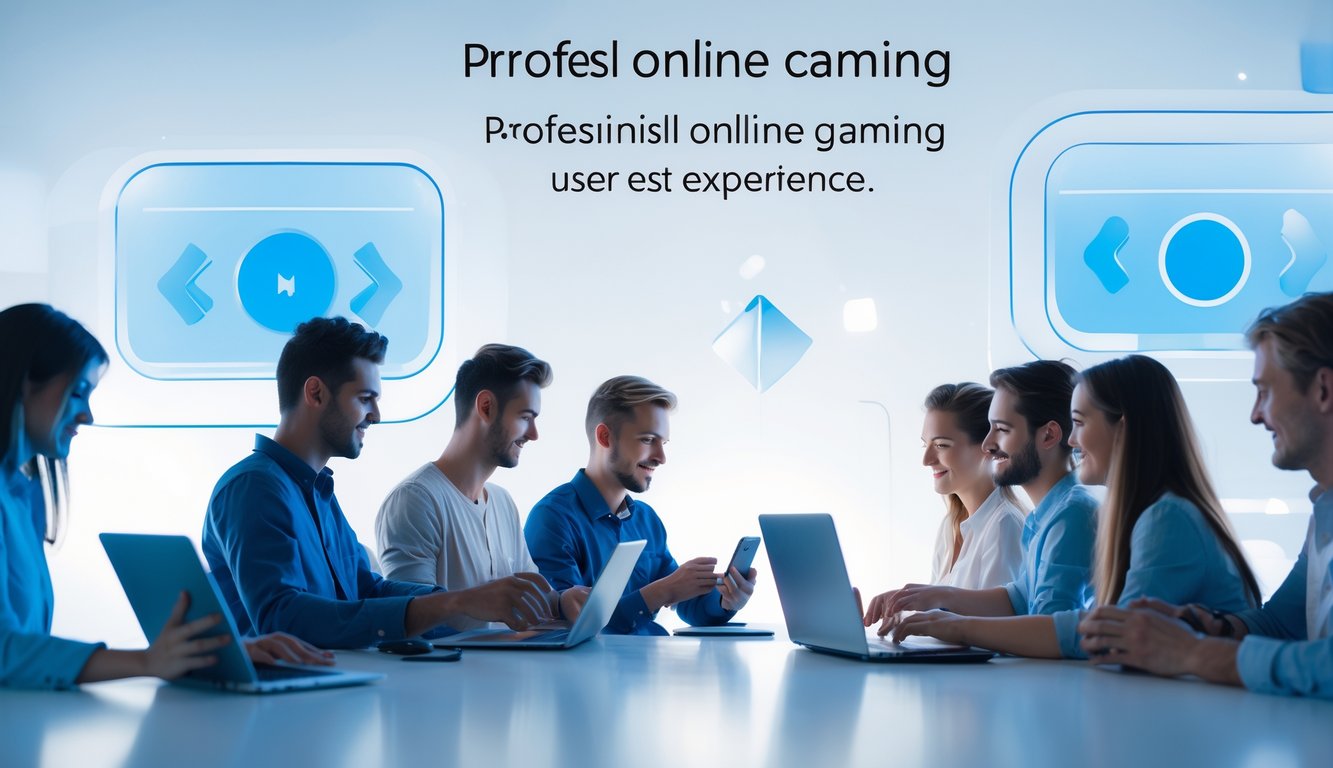 Beberapa orang menggunakan perangkat digital di ruang modern yang bersih dan terang dengan latar belakang grafis permainan online abstrak.