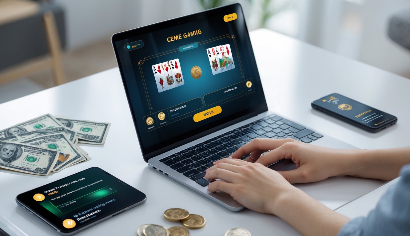 Seorang pemain menggunakan laptop untuk bermain permainan kartu online dengan uang sedikit di meja dan ponsel yang menunjukkan transaksi aman.