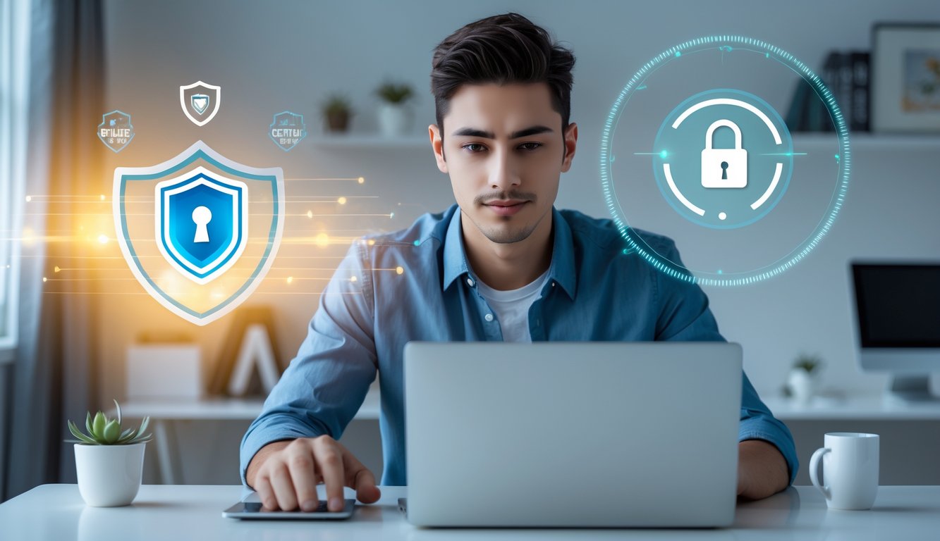 Seorang pria muda duduk di meja dengan laptop, fokus memilih situs ceme online yang aman dan terpercaya.