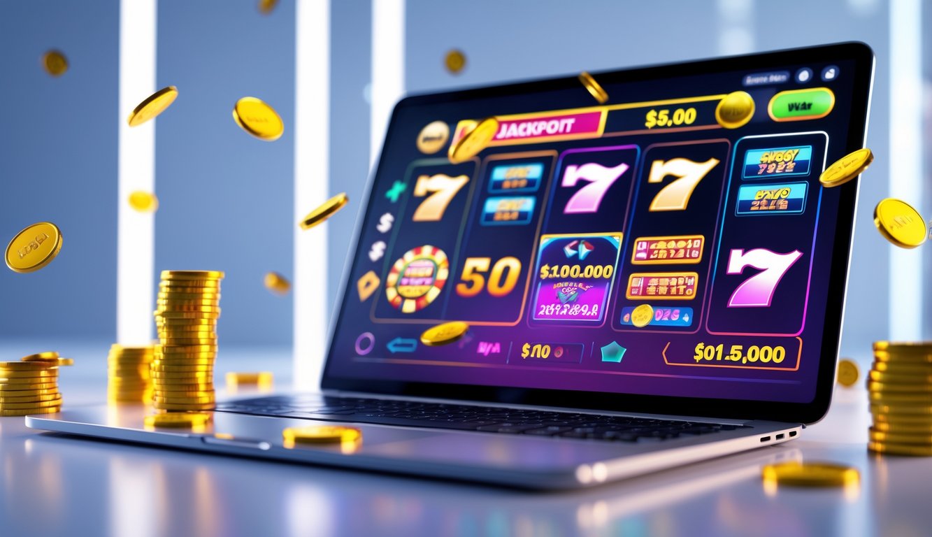 Layar perangkat menampilkan antarmuka kasino online dengan simbol jackpot dan koin digital, menunjukkan peluang menang besar dengan deposit kecil.