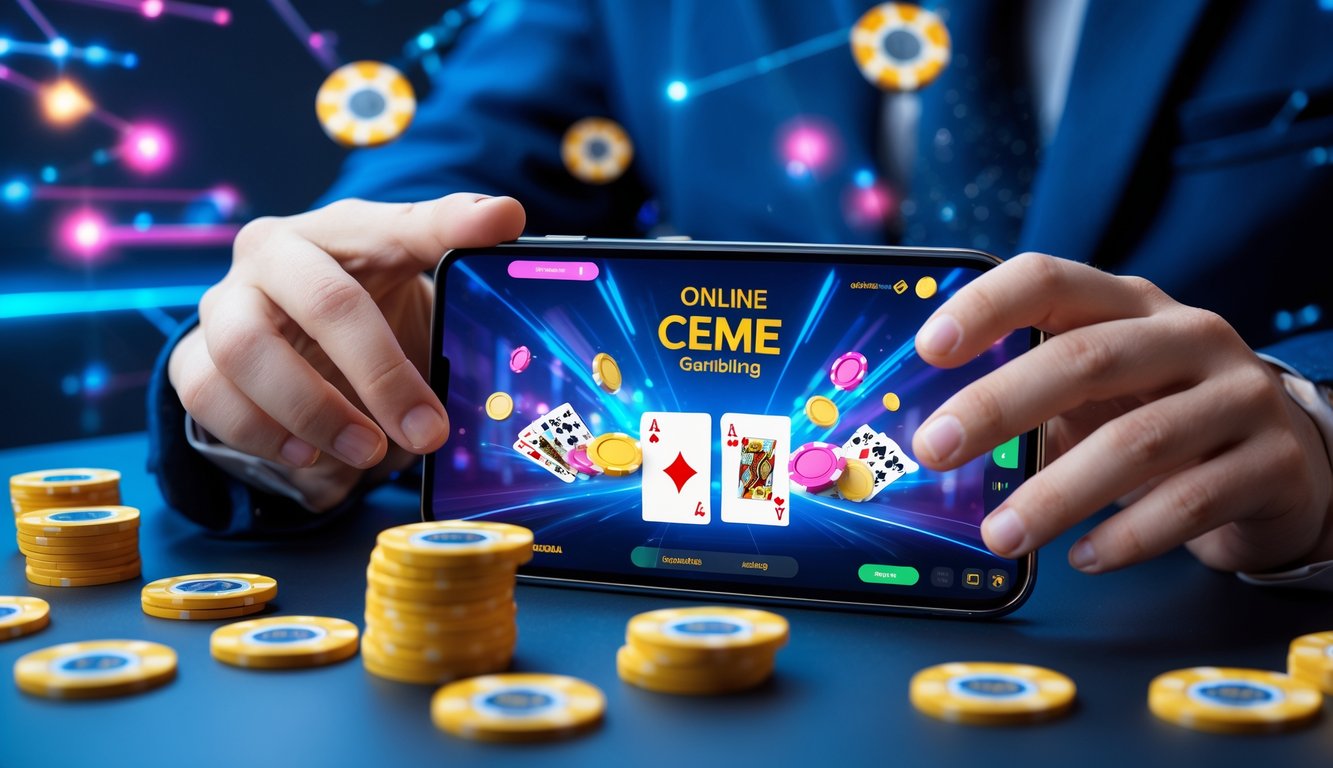 Tangan seseorang menggunakan ponsel dengan tampilan permainan Ceme online berwarna-warni di layar, menunjukkan suasana permainan judi online.