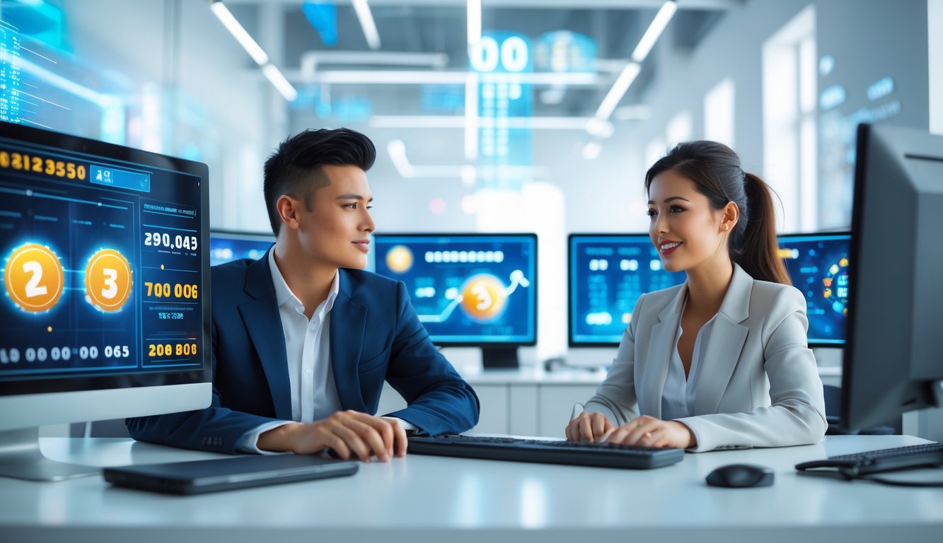 Dua orang muda duduk di meja dengan beberapa layar komputer yang menampilkan grafik dan ikon tiket lotere di ruang kantor modern.
