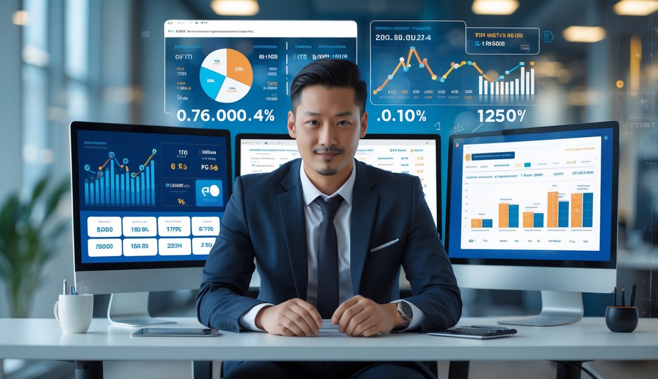 Seorang profesional duduk di meja kantor modern dengan beberapa layar komputer yang menampilkan data dan grafik terkait togel online.