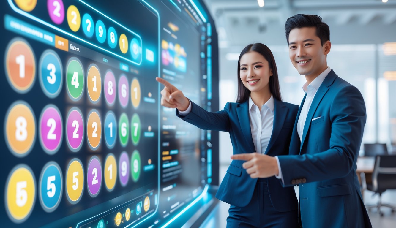 Dua orang muda berbusana kasual rapi sedang berinteraksi dengan layar digital transparan yang menampilkan angka lotere dan ikon bonus di kantor modern.