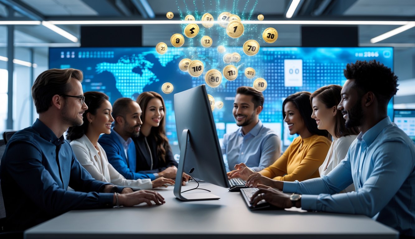 Sekelompok orang profesional berkumpul di sekitar komputer modern di kantor yang terang dan rapi, menunjukkan suasana kepercayaan dan fokus pada permainan togel online.