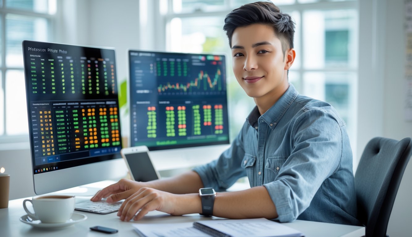 Seorang dewasa muda duduk di meja dengan laptop dan beberapa layar menampilkan grafik dan angka terkait togel online, tampak fokus dan percaya diri.